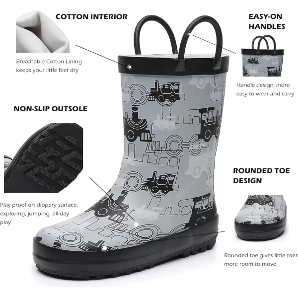 imageWTW Toddler and Kids Rain Boots with EasyOn Handles UnisexChild Waterproof Rubber Rain Boots in Fun Patterns for Girls and Boys ToddlerLittle KidBig KidBlackGrey