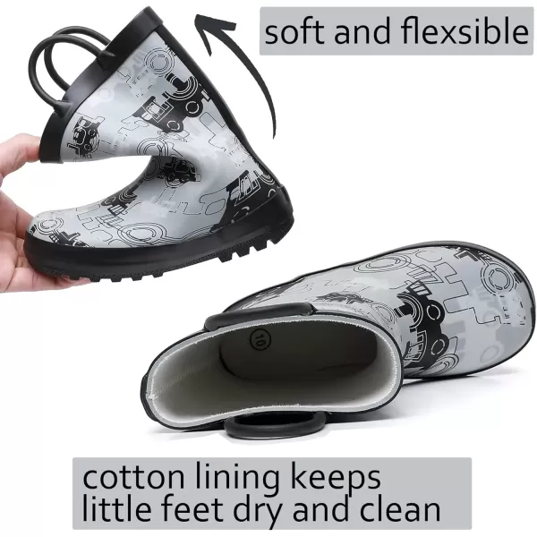 imageWTW Toddler and Kids Rain Boots with EasyOn Handles UnisexChild Waterproof Rubber Rain Boots in Fun Patterns for Girls and Boys ToddlerLittle KidBig KidBlackGrey