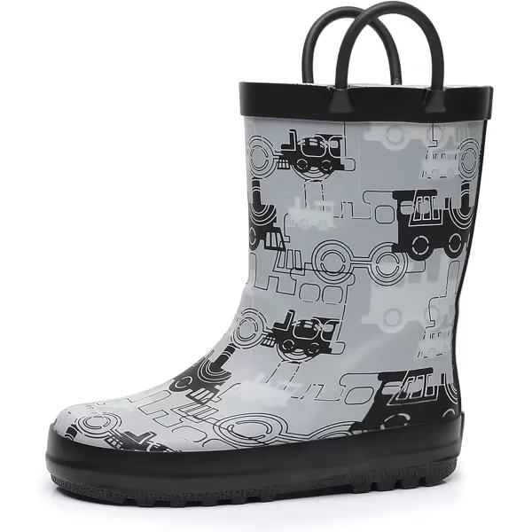 imageWTW Toddler and Kids Rain Boots with EasyOn Handles UnisexChild Waterproof Rubber Rain Boots in Fun Patterns for Girls and Boys ToddlerLittle KidBig KidBlackGrey