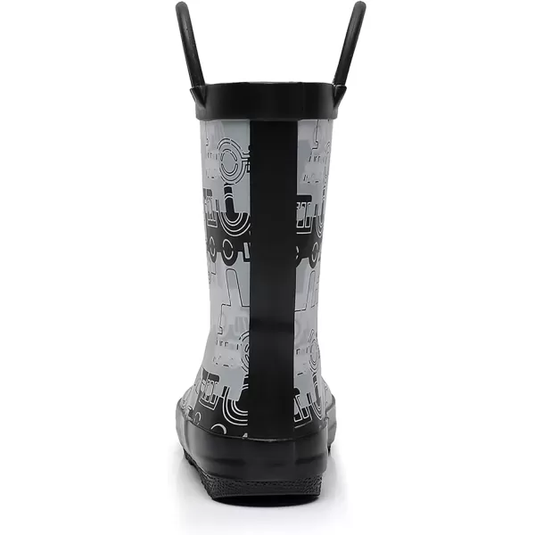 imageWTW Toddler and Kids Rain Boots with EasyOn Handles UnisexChild Waterproof Rubber Rain Boots in Fun Patterns for Girls and Boys ToddlerLittle KidBig KidBlackGrey