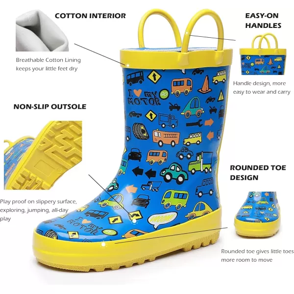 imageWTW Toddler and Kids Rain Boots with EasyOn Handles UnisexChild Waterproof Rubber Rain Boots in Fun Patterns for Girls and Boys ToddlerLittle KidBig KidMulti Cars
