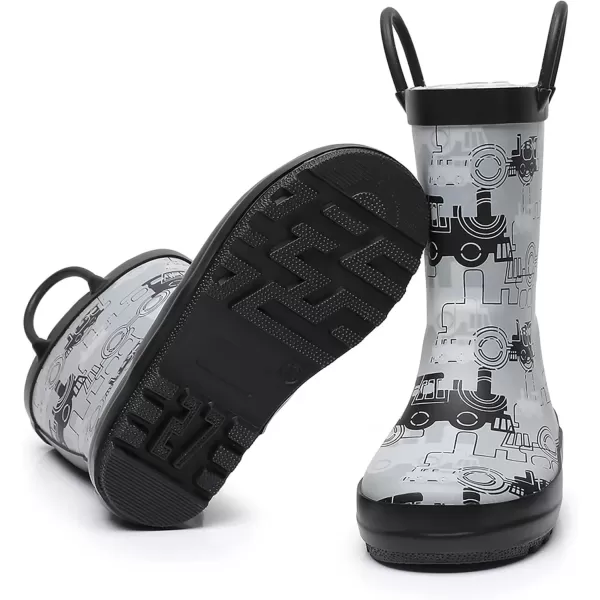 imageWTW Toddler and Kids Rain Boots with EasyOn Handles UnisexChild Waterproof Rubber Rain Boots in Fun Patterns for Girls and Boys ToddlerLittle KidBig KidBlackGrey