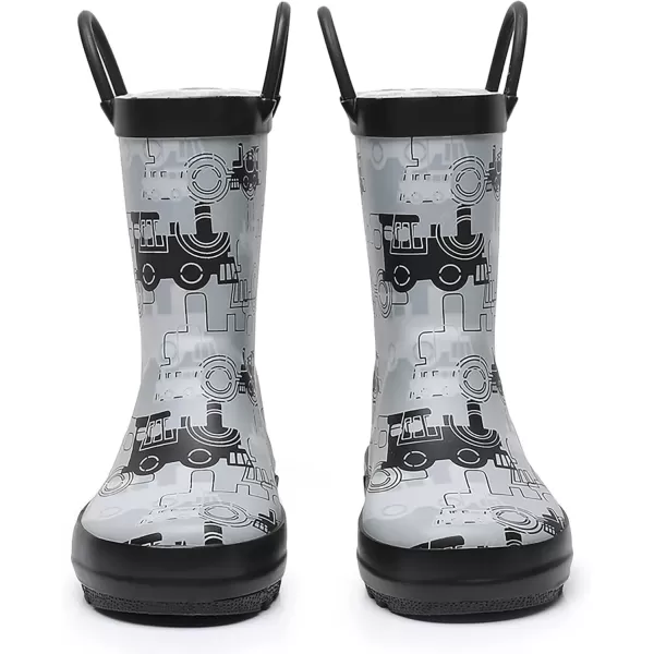 imageWTW Toddler and Kids Rain Boots with EasyOn Handles UnisexChild Waterproof Rubber Rain Boots in Fun Patterns for Girls and Boys ToddlerLittle KidBig KidBlackGrey