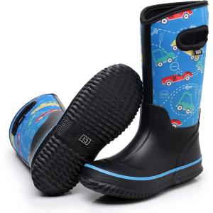 imageWTW Kids Rubber Rain Boots  Neoprene Insulated 100 Waterproof Mid Calf Mud Boots for Boys and Girls Winter Snow BootsCars