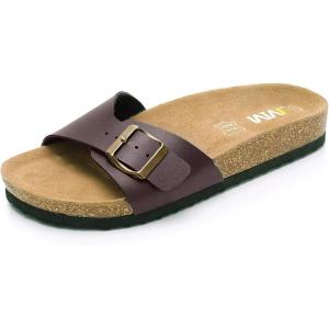 imageWomens Cork Footbed Sandals  Cow Suede Slide Sandals for Women with Adjustable Strap Buckle Open Toe Beach SandalsBrown
