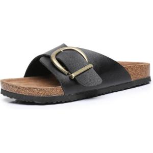 imageWomens Cork Footbed Sandals  Cow Suede Slide Sandals for Women with Adjustable Strap Buckle Open Toe Beach SandalsCharcoal
