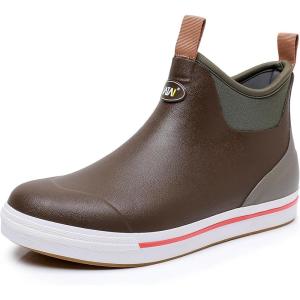 imageWTW Unisex Rain Boots for Men and Women Waterproof Rubber Fishing Deck Boots Neoprene Boots Slip on Ankle Garden ShoesBrown