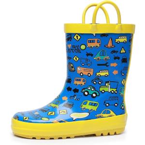 imageWTW Toddler and Kids Rain Boots UnisexChild Waterproof Rubber Rain Boots with EasyOn Handles in Fun Patterns for Girls and Boys ToddlerLittle KidBig KidMulti Cars