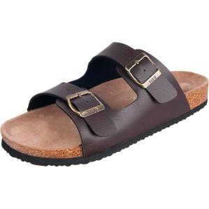 imageWomens Comfort Slide Sandals Cow Suede Cork Footbed Sandals for Women with Adjustable Strap Buckle Open Toe Beach SandalsBuckle Brown