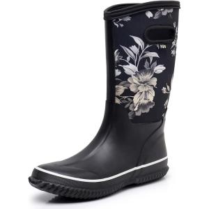 imageWTW Womens Rubber Rain Boots Mid Calf Waterproof Insulated Neoprene Muck Boots Outdoor Hunting Garden Boots for WomenWhite Flower