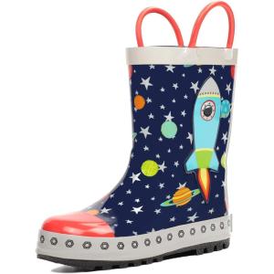 imagelandchief Toddler Rain Boots Kids Rain Boots Waterproof Rubber Boots for Girls and Boys with Fun Patterns and EasyOn HandlesBlue Rocket