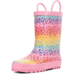 imagelandchief Toddler Rain Boots Kids Rain Boots Waterproof Rubber Boots for Girls and Boys with Fun Patterns and EasyOn HandlesPink Rainbow