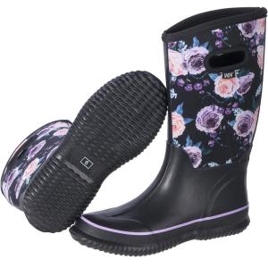 imageWTW Mid Calf Rain Boots for Women  Waterproof Insulated Neoprene Mud Boots Outdoor Hunting Garden BootsPurple Flowers