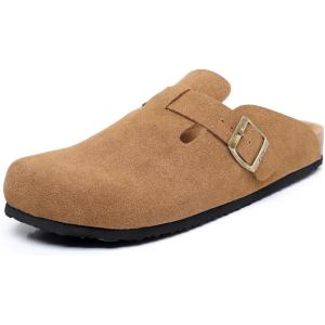 imageWTW Womens Clogs Cow Suede Soft Footbed Mules Unisex for Men Women Cork Clog Antislip Sole Slippers Mules Sandals with Adjustable BuckleBrown