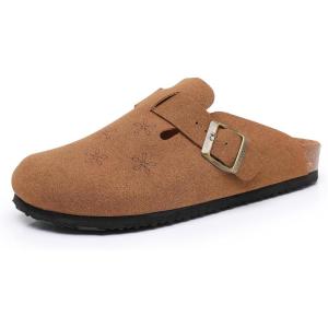 imageWTW Womens Clogs Cow Suede Soft Footbed Mules Unisex for Men Women Cork Clog Antislip Sole Slippers Mules Sandals with Adjustable BuckleCamel