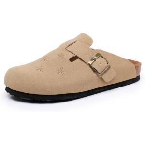 imageWTW Womens Clogs Cow Suede Soft Footbed Mules Unisex for Men Women Cork Clog Antislip Sole Slippers Mules Sandals with Adjustable BuckleFloral