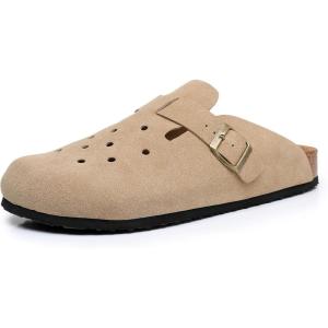 imageWTW Womens Clogs Cow Suede Soft Footbed Mules Unisex for Men Women Cork Clog Antislip Sole Slippers Mules Sandals with Adjustable BuckleSand