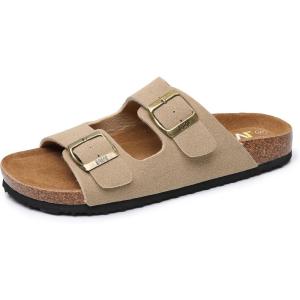 imageWomens Cork Footbed Sandals Cow Suede Summer Slide Sandals for Women with Adjustable Strap Buckle Open Toe Outdoor Beach SandalsTwo Buckle Khaki