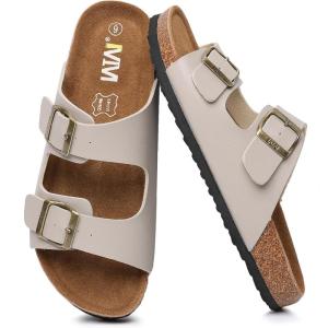 imageWomens Cork Footbed Sandals Cow Suede Summer Slide Sandals for Women with Adjustable Strap Buckle Open Toe Outdoor Beach SandalsTwo Buckle Stone