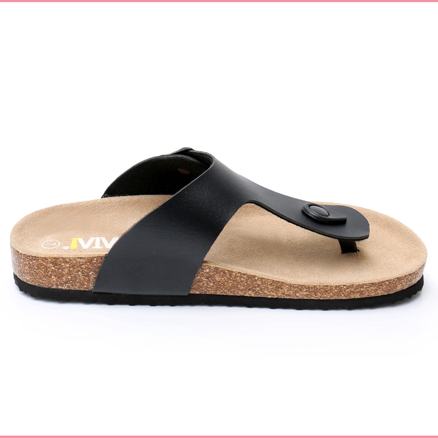 imageWTW Cork Footbed Womens Sandals Genuine Leather Insole Slides Sandals for Women Adjustable Buckle Summer Sandals Outdoor WalkingBlack