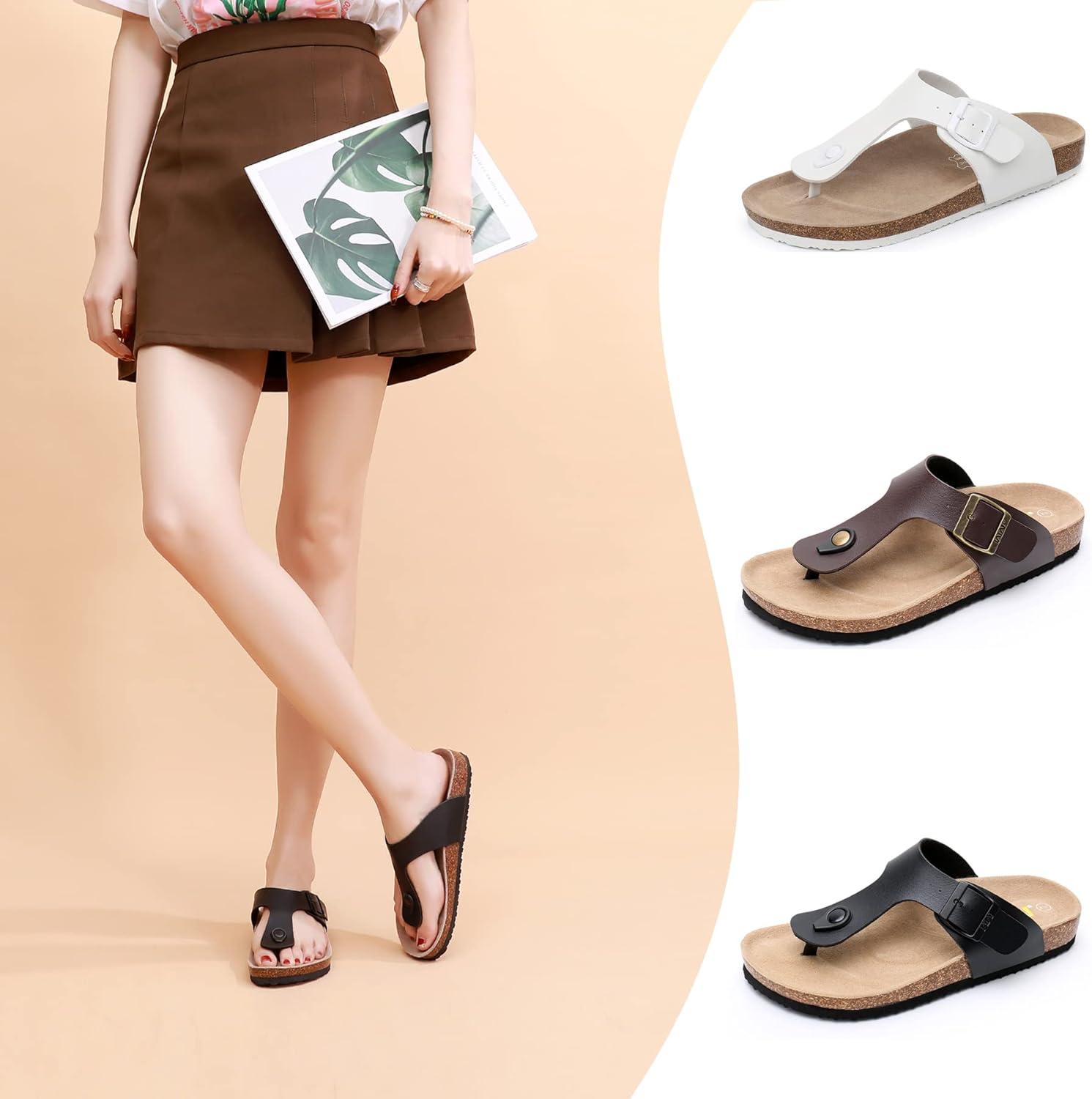 imageWTW Cork Footbed Womens Sandals Genuine Leather Insole Slides Sandals for Women Adjustable Buckle Summer Sandals Outdoor WalkingBrown