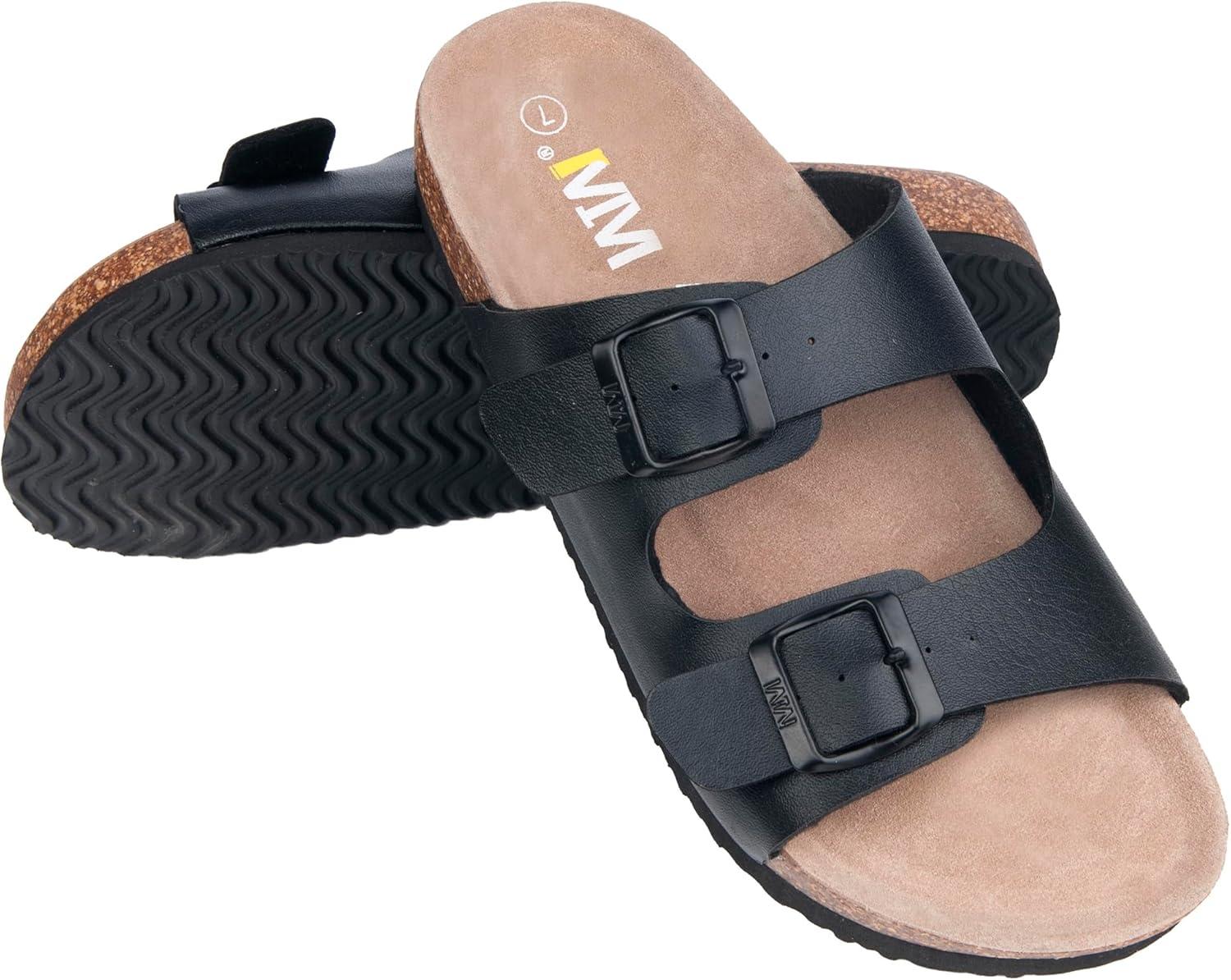 imageWTW Cork Footbed Womens Sandals Genuine Leather Insole Slides Sandals for Women Adjustable Buckle Summer Sandals Outdoor WalkingBuckle Black