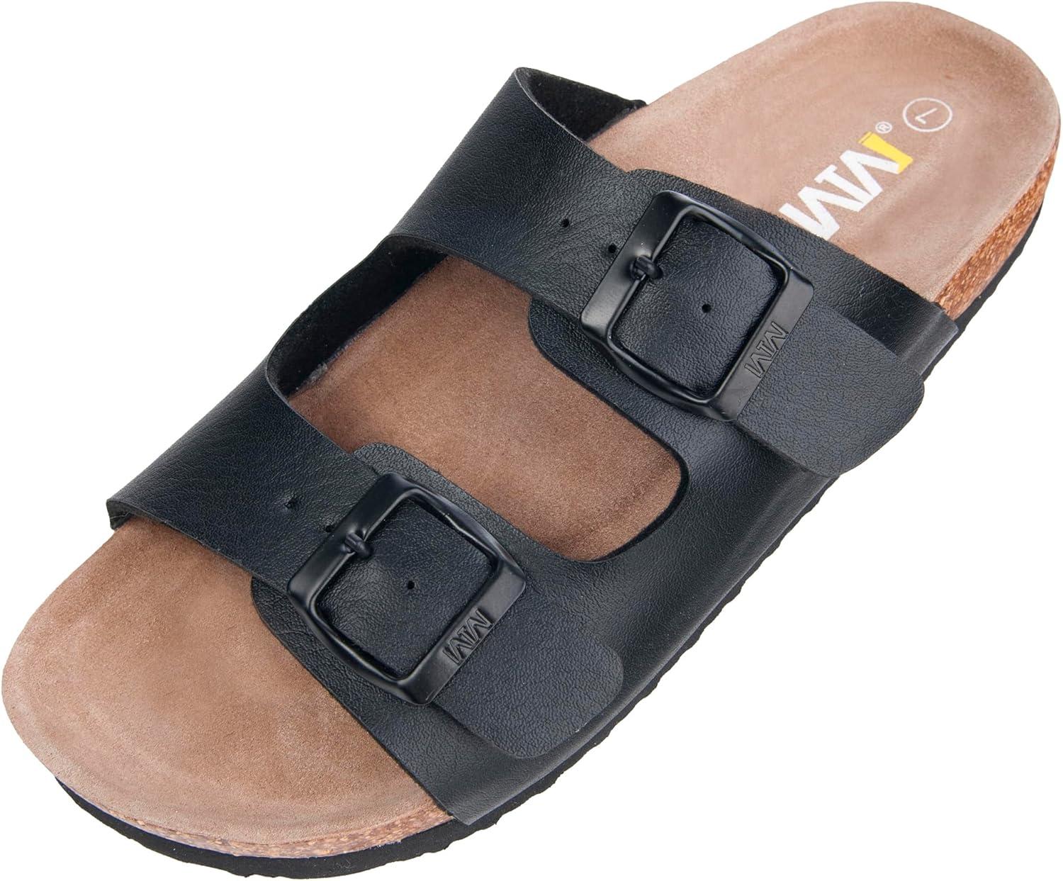 imageWTW Cork Footbed Womens Sandals Genuine Leather Insole Slides Sandals for Women Adjustable Buckle Summer Sandals Outdoor WalkingBuckle Black