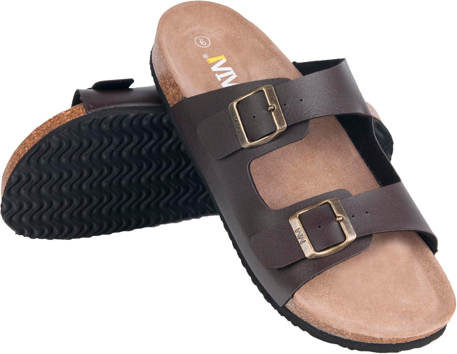 imageWTW Cork Footbed Womens Sandals Genuine Leather Insole Slides Sandals for Women Adjustable Buckle Summer Sandals Outdoor WalkingBuckle Brown
