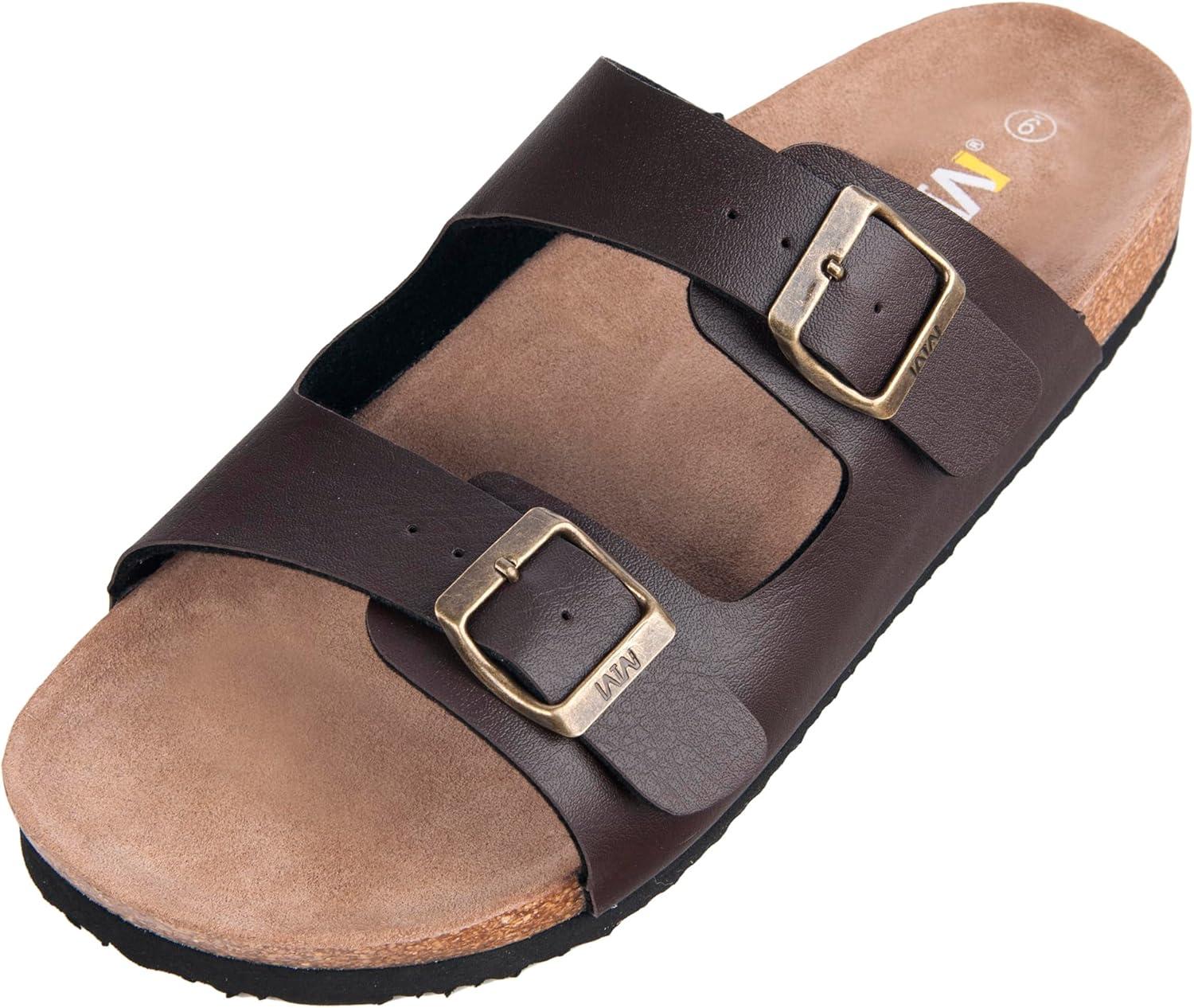 imageWTW Cork Footbed Womens Sandals Genuine Leather Insole Slides Sandals for Women Adjustable Buckle Summer Sandals Outdoor WalkingBuckle Brown