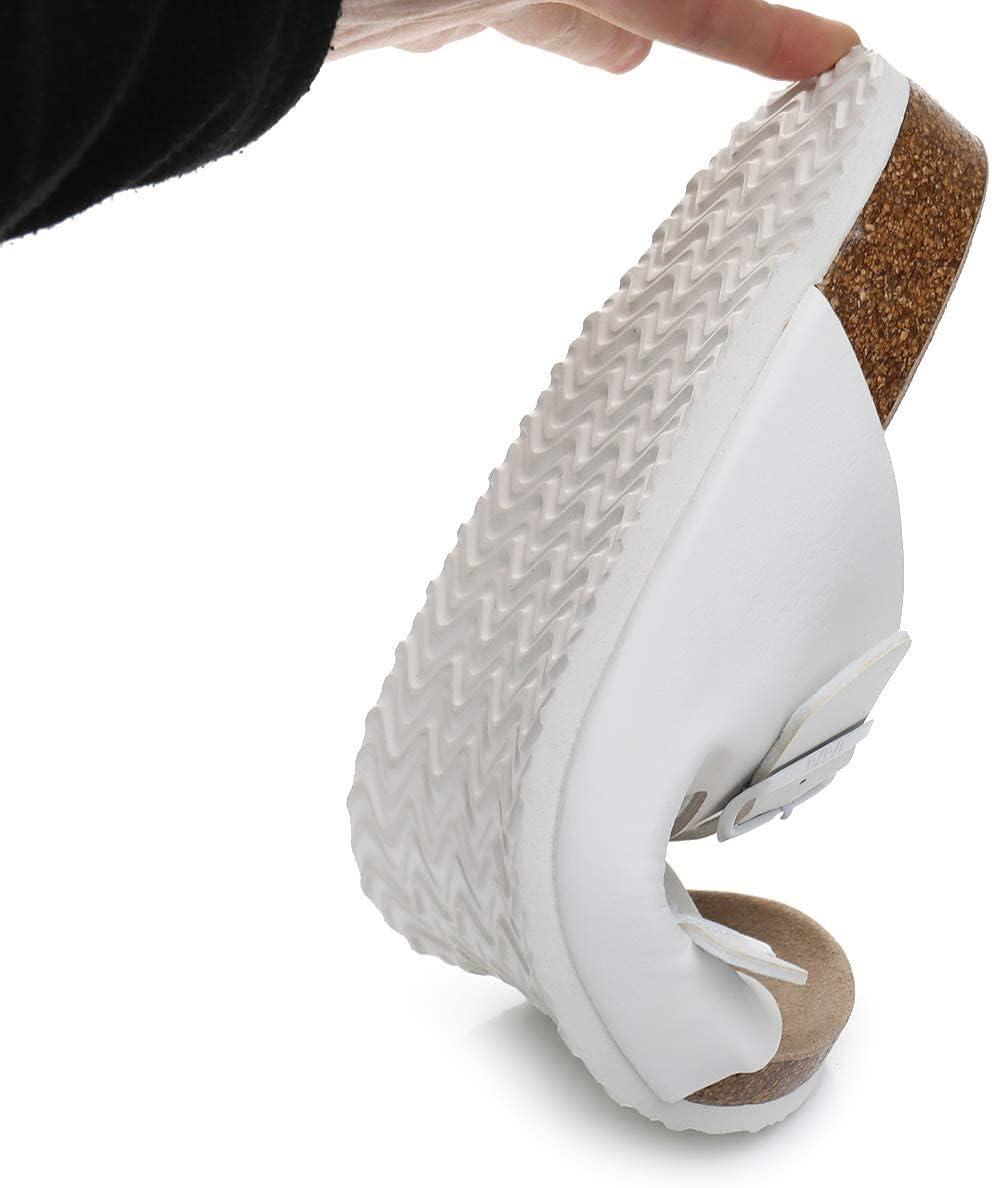 imageWTW Cork Footbed Womens Sandals Genuine Leather Insole Slides Sandals for Women Adjustable Buckle Summer Sandals Outdoor WalkingBuckle White