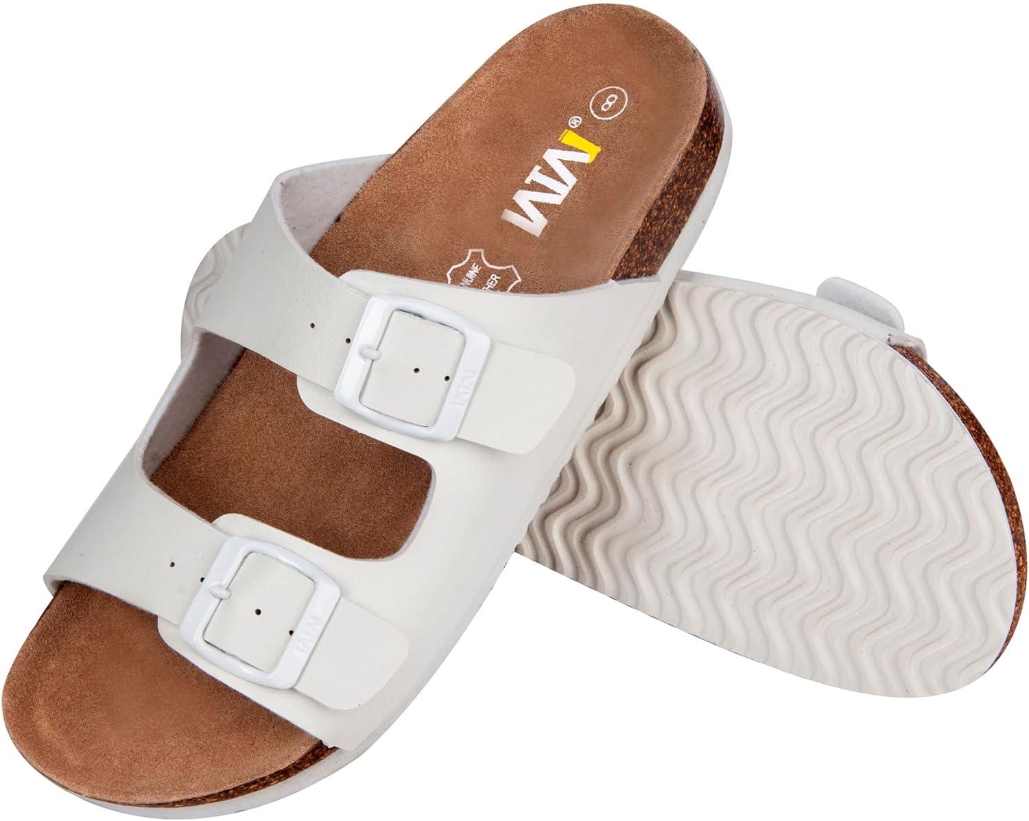 imageWTW Cork Footbed Womens Sandals Genuine Leather Insole Slides Sandals for Women Adjustable Buckle Summer Sandals Outdoor WalkingBuckle White