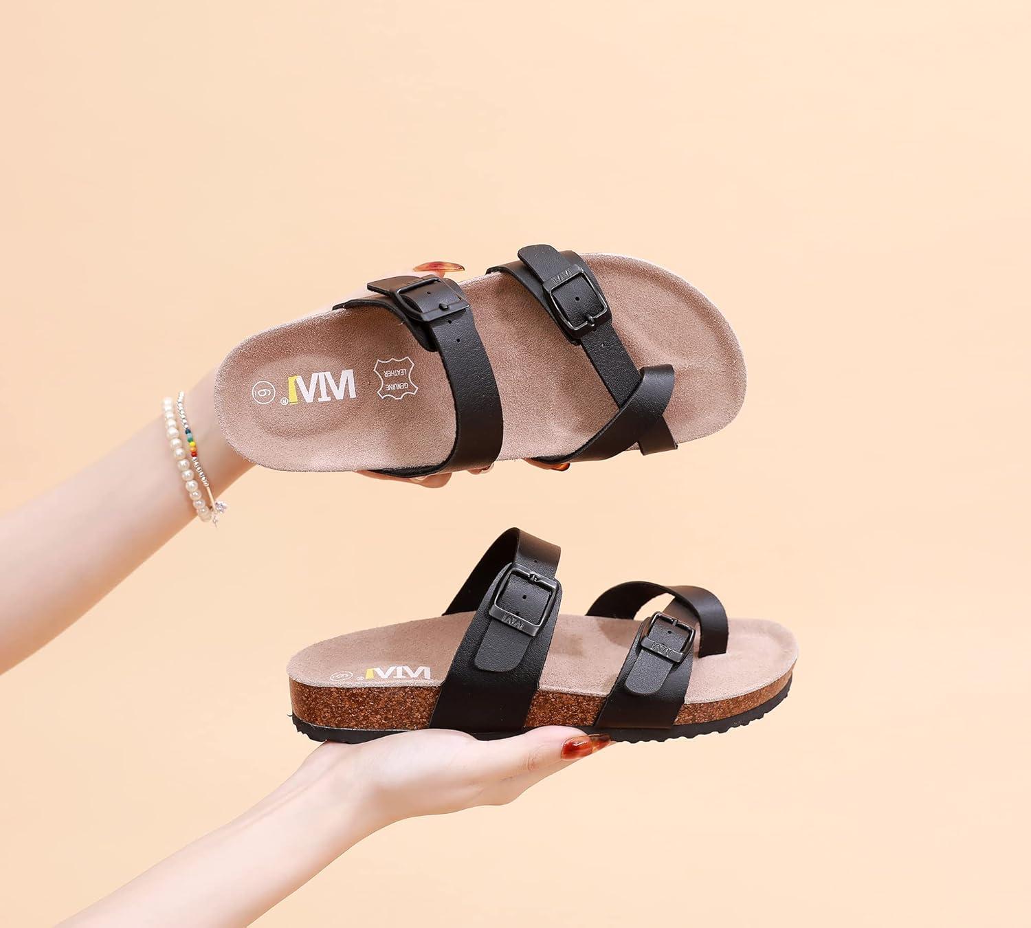 imageWTW Cork Footbed Womens Sandals Genuine Leather Insole Slides Sandals for Women Adjustable Buckle Summer Sandals Outdoor WalkingToe Loop Black