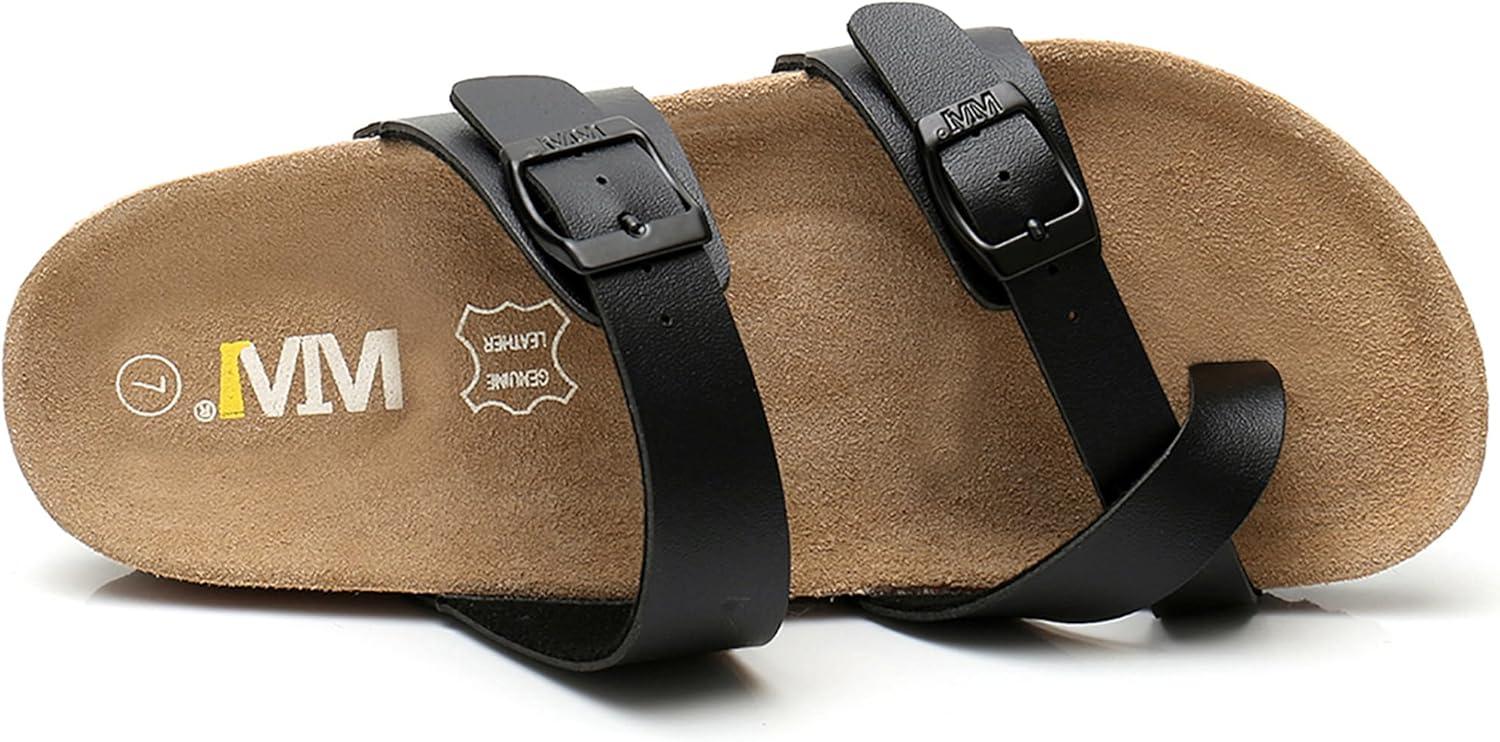 imageWTW Cork Footbed Womens Sandals Genuine Leather Insole Slides Sandals for Women Adjustable Buckle Summer Sandals Outdoor WalkingToe Loop Black