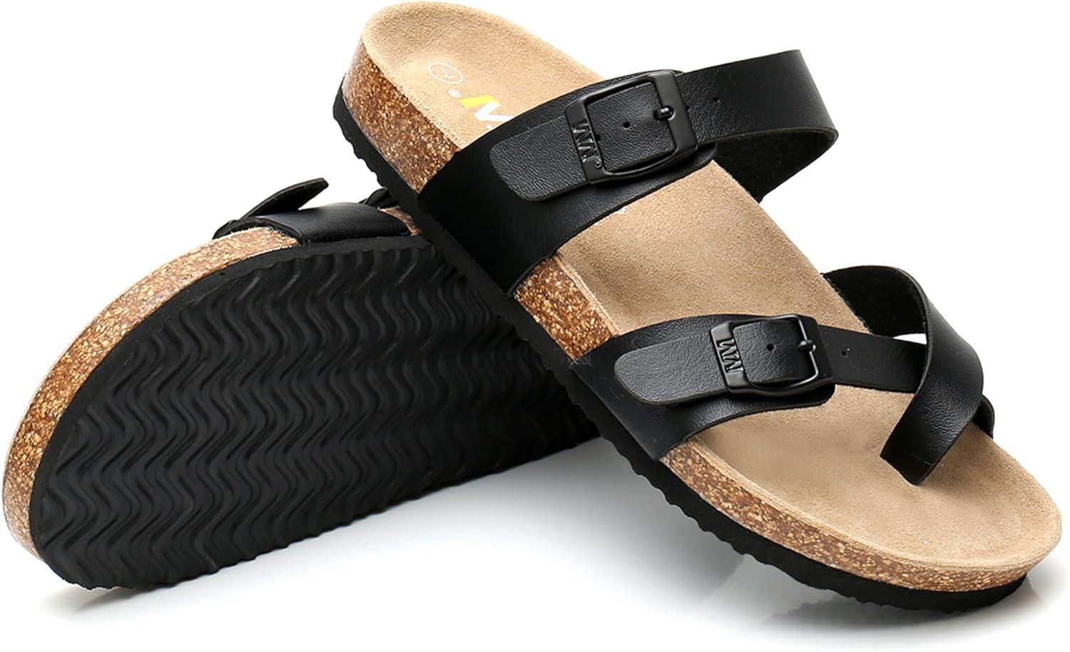 imageWTW Cork Footbed Womens Sandals Genuine Leather Insole Slides Sandals for Women Adjustable Buckle Summer Sandals Outdoor WalkingToe Loop Black