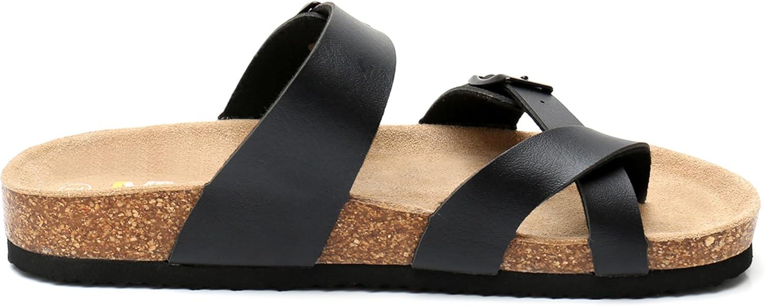 imageWTW Cork Footbed Womens Sandals Genuine Leather Insole Slides Sandals for Women Adjustable Buckle Summer Sandals Outdoor WalkingToe Loop Black