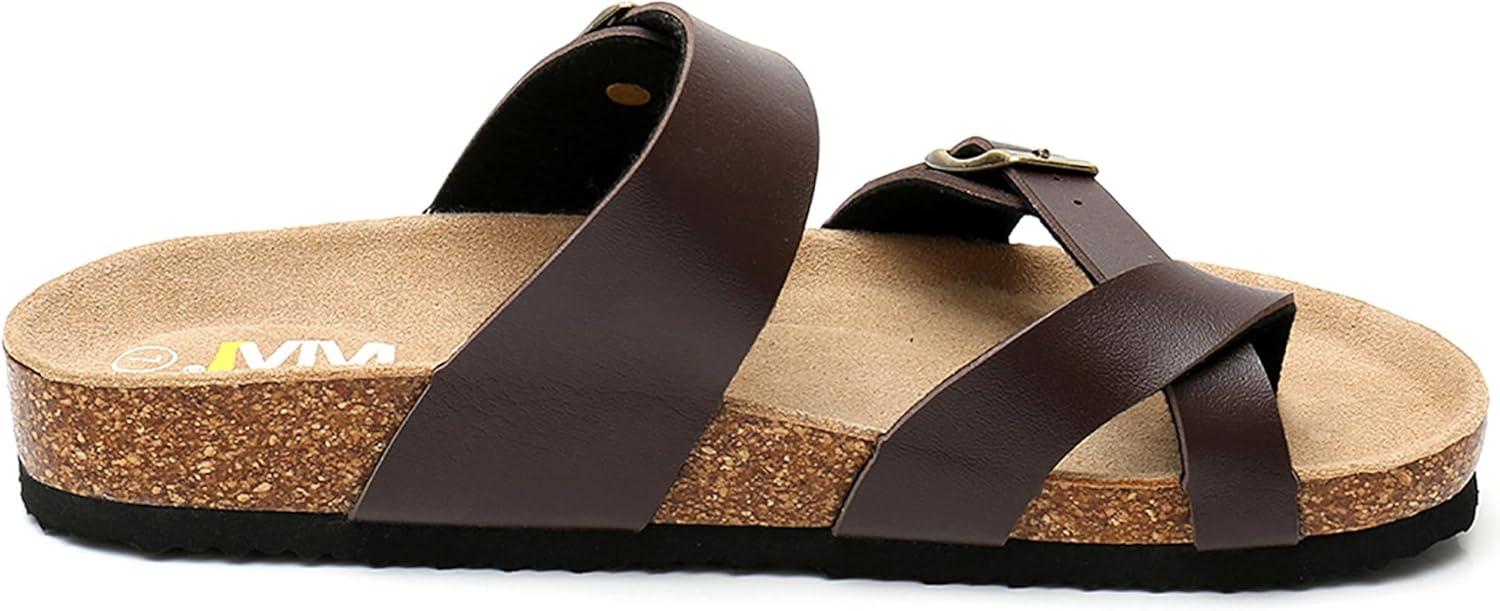 imageWTW Cork Footbed Womens Sandals Genuine Leather Insole Slides Sandals for Women Adjustable Buckle Summer Sandals Outdoor WalkingToe Loop Brown