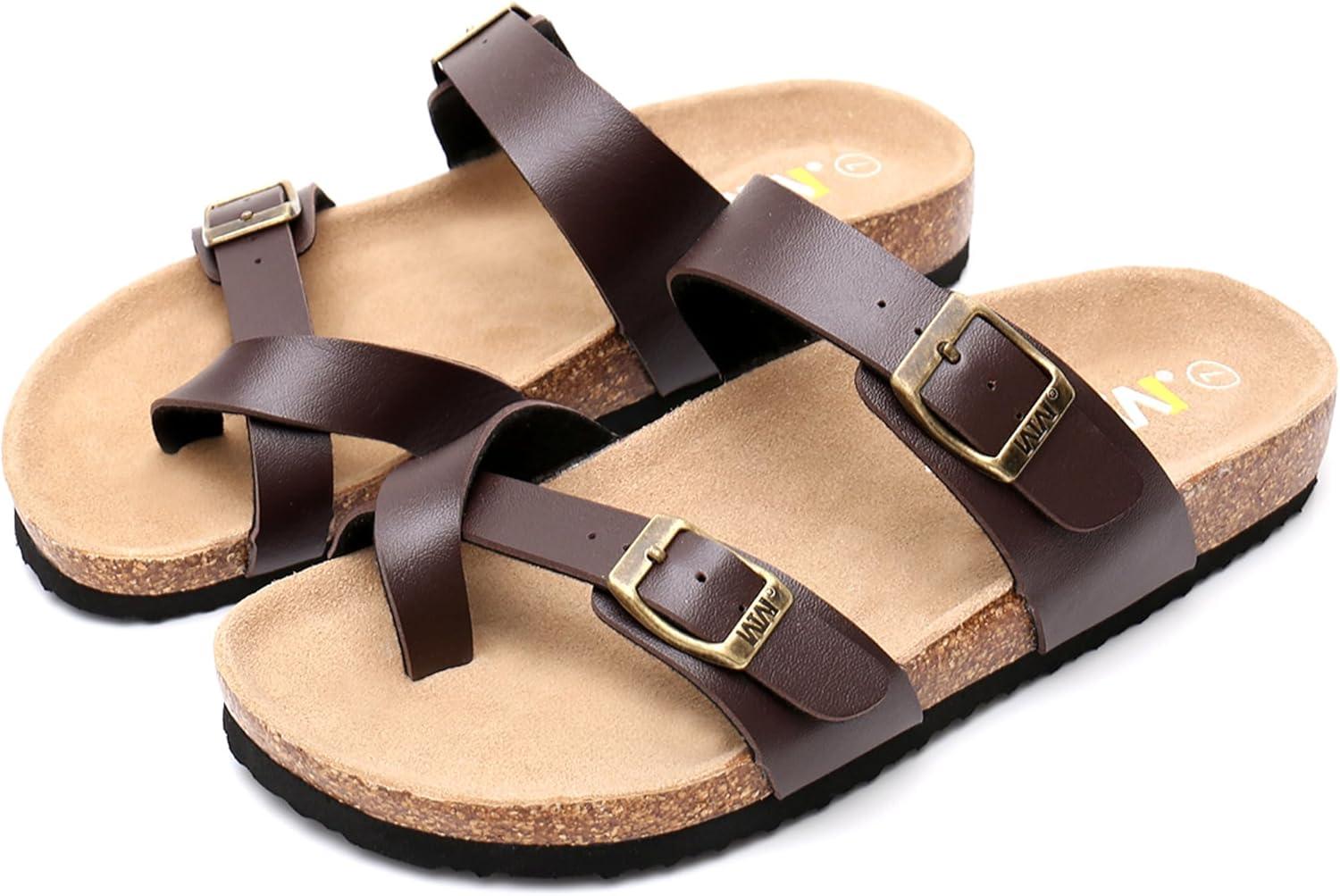 imageWTW Cork Footbed Womens Sandals Genuine Leather Insole Slides Sandals for Women Adjustable Buckle Summer Sandals Outdoor WalkingToe Loop Brown