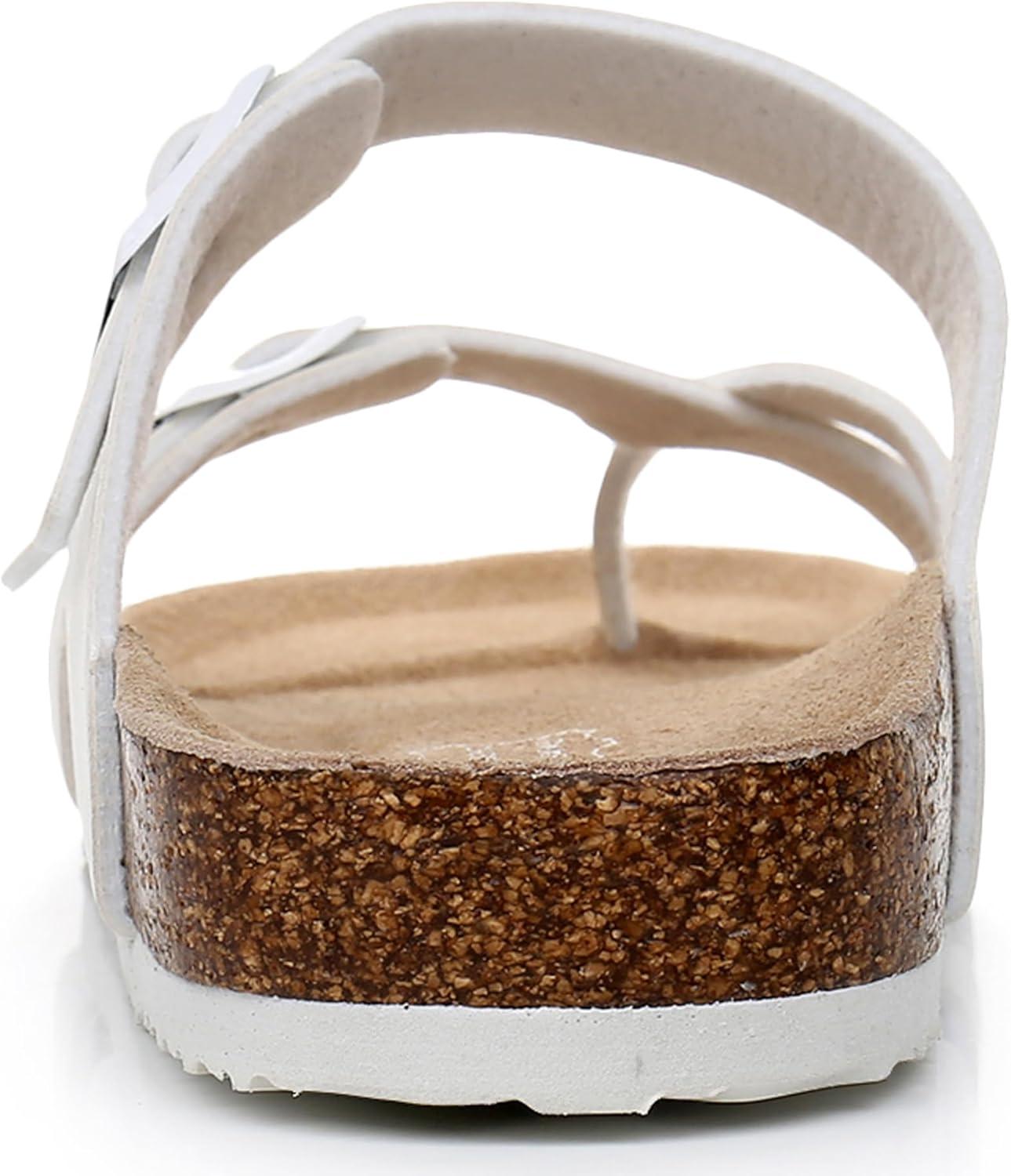 imageWTW Cork Footbed Womens Sandals Genuine Leather Insole Slides Sandals for Women Adjustable Buckle Summer Sandals Outdoor WalkingToe Loop White