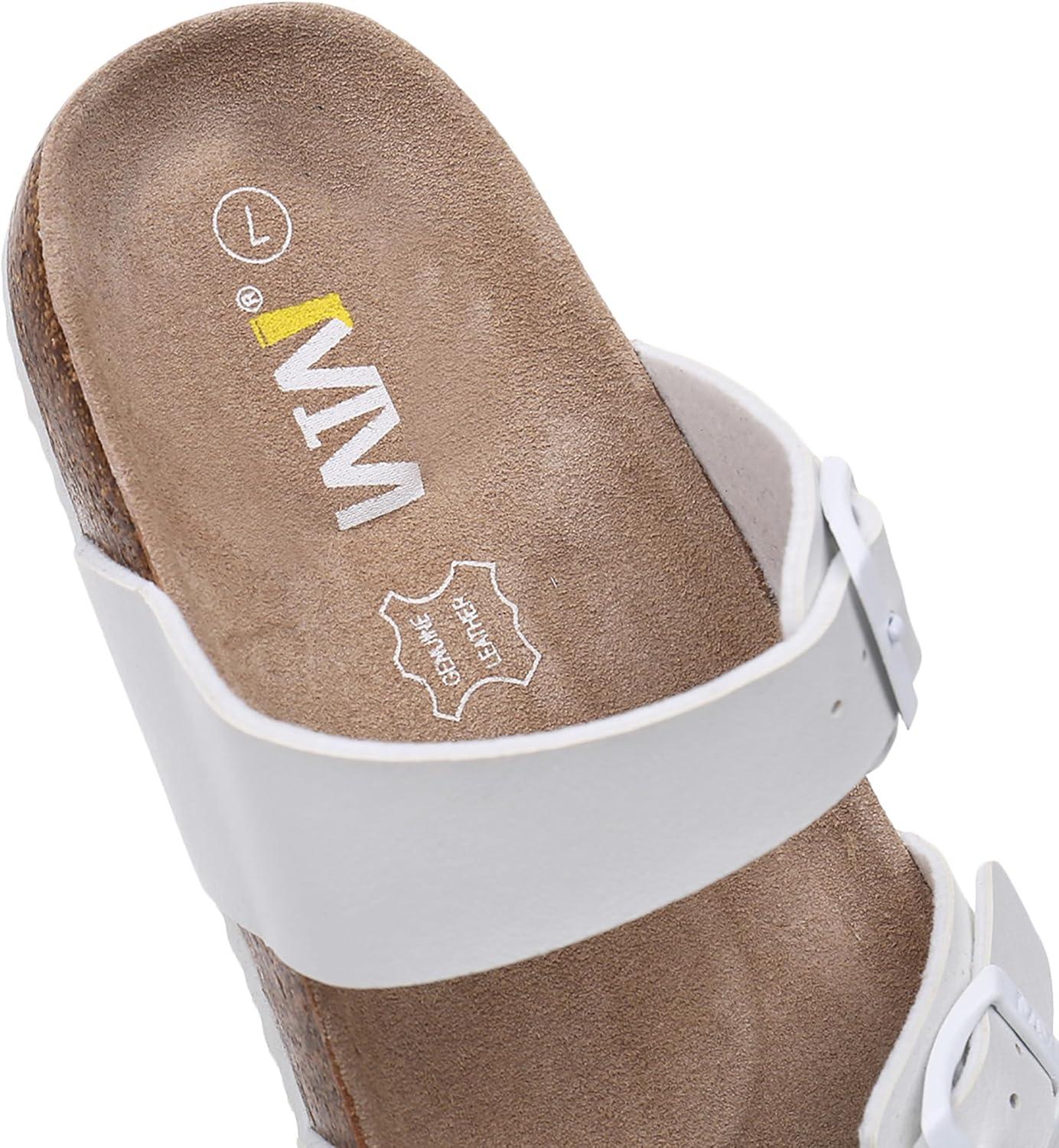 imageWTW Cork Footbed Womens Sandals Genuine Leather Insole Slides Sandals for Women Adjustable Buckle Summer Sandals Outdoor WalkingToe Loop White