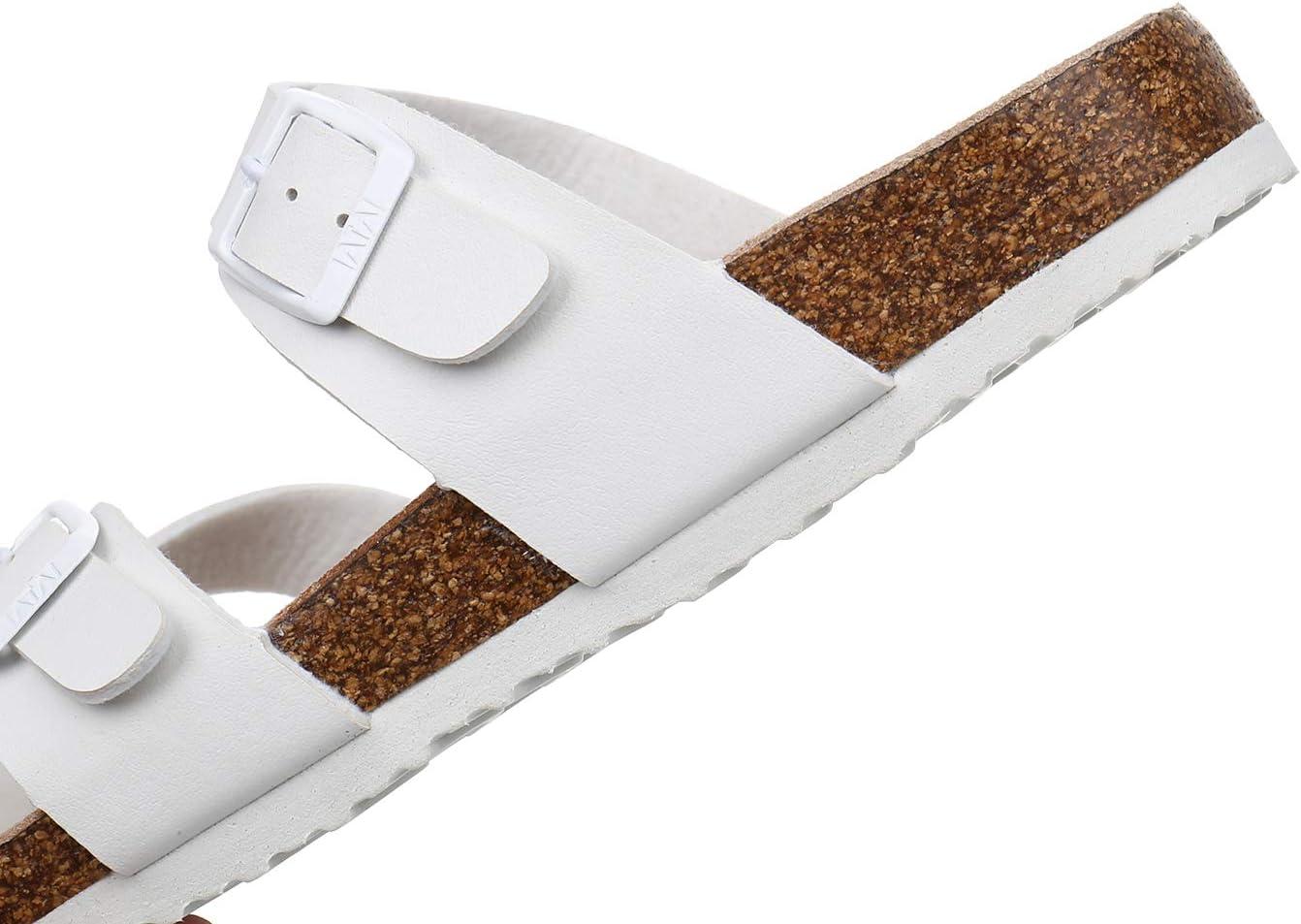 imageWTW Cork Footbed Womens Sandals Genuine Leather Insole Slides Sandals for Women Adjustable Buckle Summer Sandals Outdoor WalkingToe Loop White
