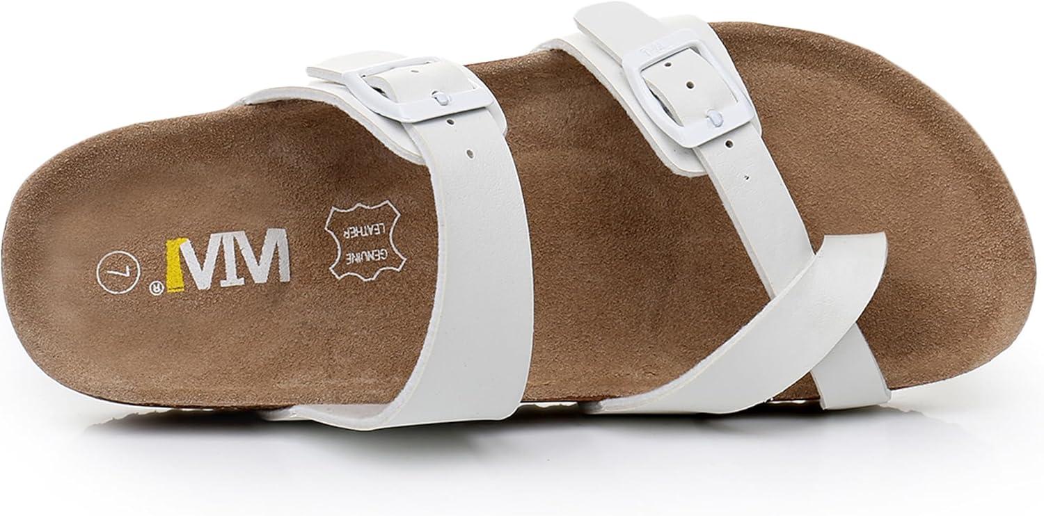 imageWTW Cork Footbed Womens Sandals Genuine Leather Insole Slides Sandals for Women Adjustable Buckle Summer Sandals Outdoor WalkingToe Loop White