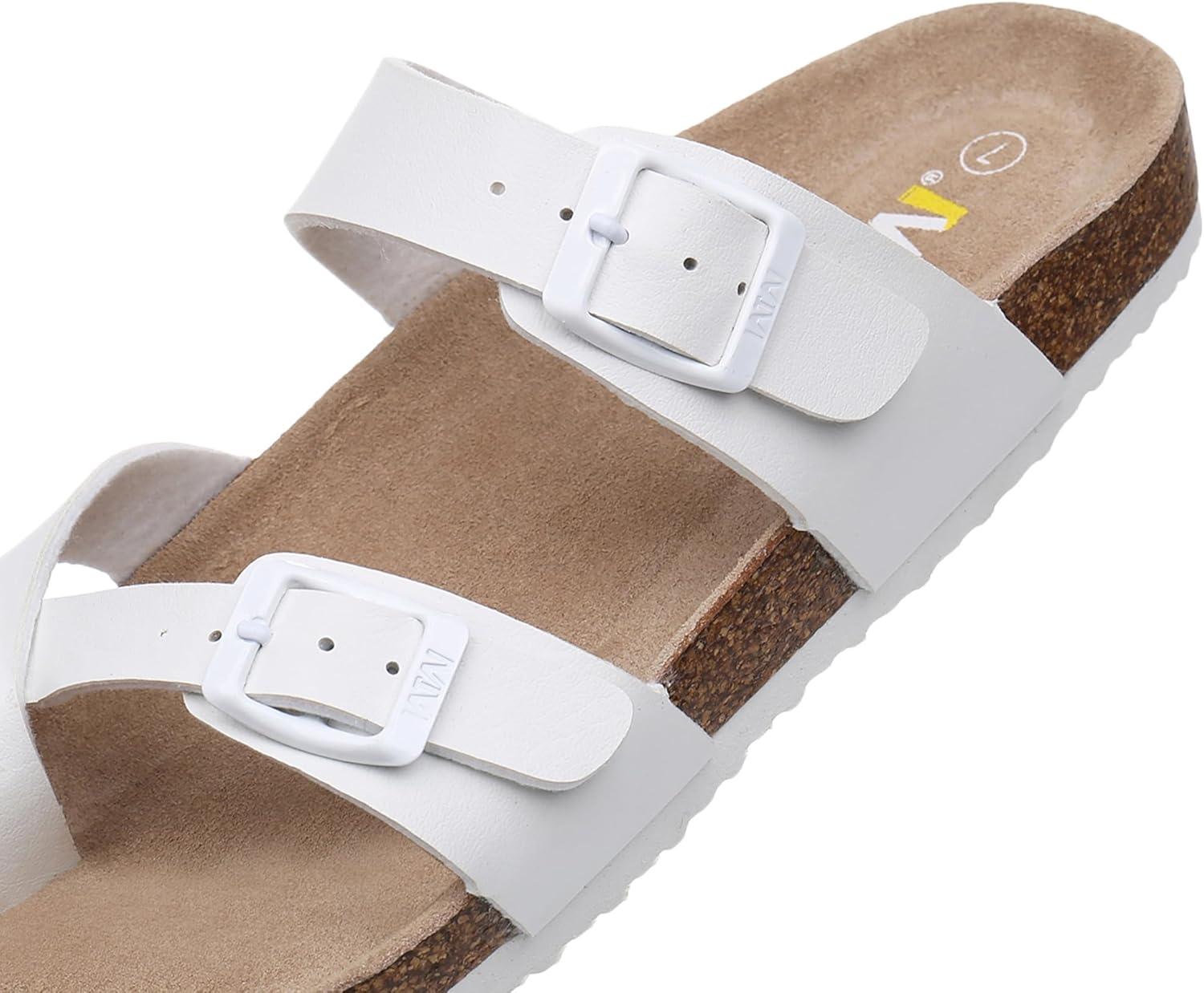imageWTW Cork Footbed Womens Sandals Genuine Leather Insole Slides Sandals for Women Adjustable Buckle Summer Sandals Outdoor WalkingToe Loop White