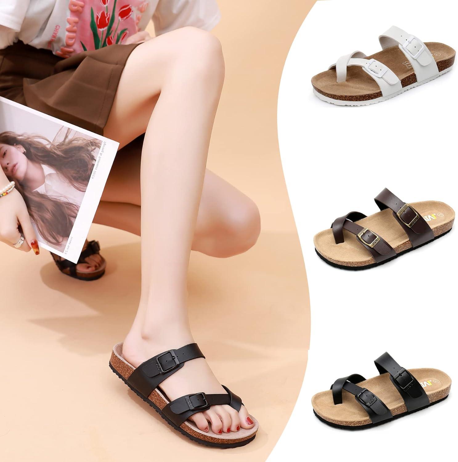 imageWTW Cork Footbed Womens Sandals Genuine Leather Insole Slides Sandals for Women Adjustable Buckle Summer Sandals Outdoor WalkingToe Loop White