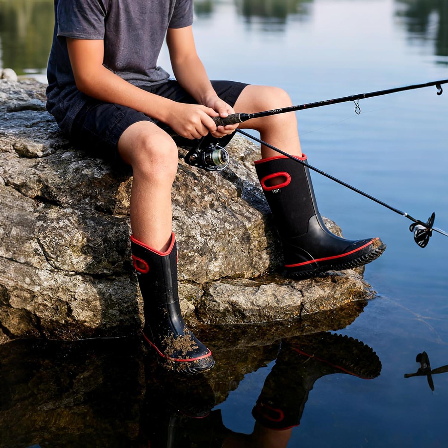 imageWTW Kids Rubber Rain Boots  Neoprene Insulated 100 Waterproof Mid Calf Mud Boots for Boys and Girls Winter Snow BootsBlackRed