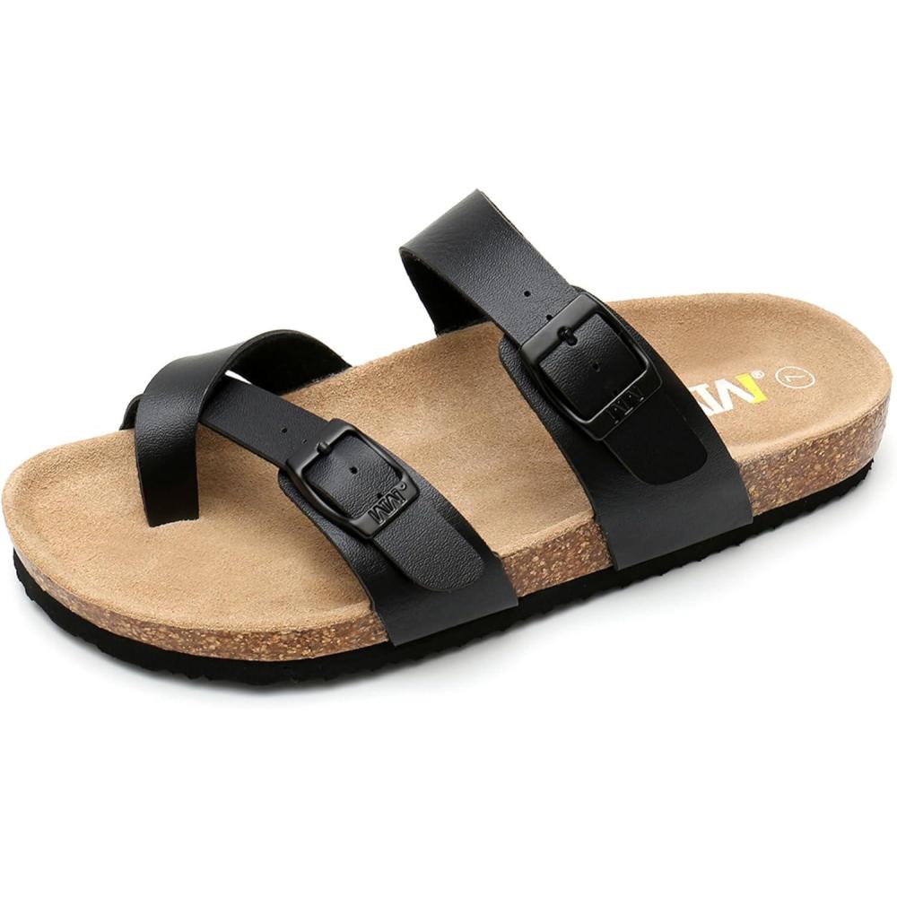 imageWTW Cork Footbed Womens Sandals Genuine Leather Insole Slides Sandals for Women Adjustable Buckle Summer Sandals Outdoor WalkingToe Loop Black