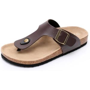 imageWTW Cork Footbed Womens Sandals Genuine Leather Insole Slides Sandals for Women Adjustable Buckle Summer Sandals Outdoor WalkingBrown