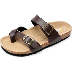 imageWTW Cork Footbed Womens Sandals Genuine Leather Insole Slides Sandals for Women Adjustable Buckle Summer Sandals Outdoor WalkingToe Loop Brown